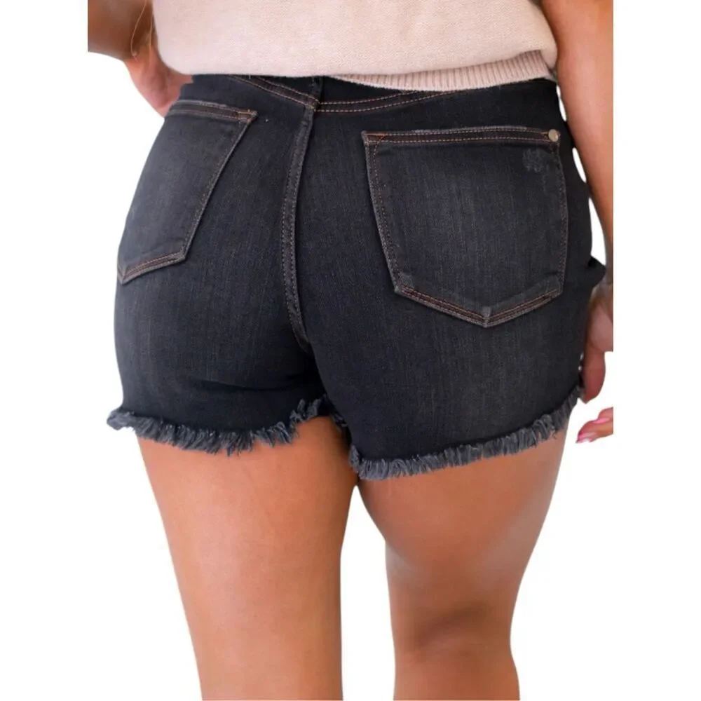 Judy Blue Black Tummy Control Shorts High Rise Fray Hem Plus Size NWT